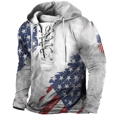 Oversized Sweatshirt for Men Plus Size Long Sleeve Hoodies Retro Outdoor Military Tactical Distressed Laceup Tops Vintage American Flag Hoodies for Men Loose Men's Cool Graphic Hoodies,White-1,M