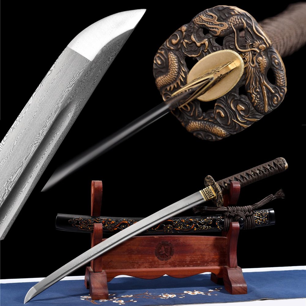 HERO SWORD Handmade Damascus Steel Dragon Wakizashi Real Sharp Authentic Japanese Samurai Sword Middle Length Combat Ready Black Cool Sword for Mens Best Gift