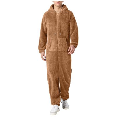 Pajama Adult For Men Relaxed Jumpsuits Pajamas Hooded Homewear Loose Fit Soft Plush Robes Plus Size Zipper Rompers