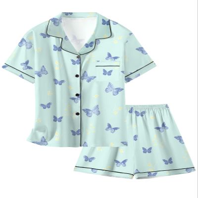 Schbbbta Satin Pajamas for Girls, 2 Piece Soft Sleepwear Button Down Tops Short Sleeve Silk Pajama Set Outfit for Kids, Light Blue Butterfly, 5-6 Years = Tag 130