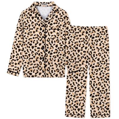 Schbbbta Women Satin Pajamas Set, 2 Pieces Button Down Comfy Sleepwear Long Sleeve Soft Satin Matching Silky Soft Pjs Set, Khaki Leopard, Small