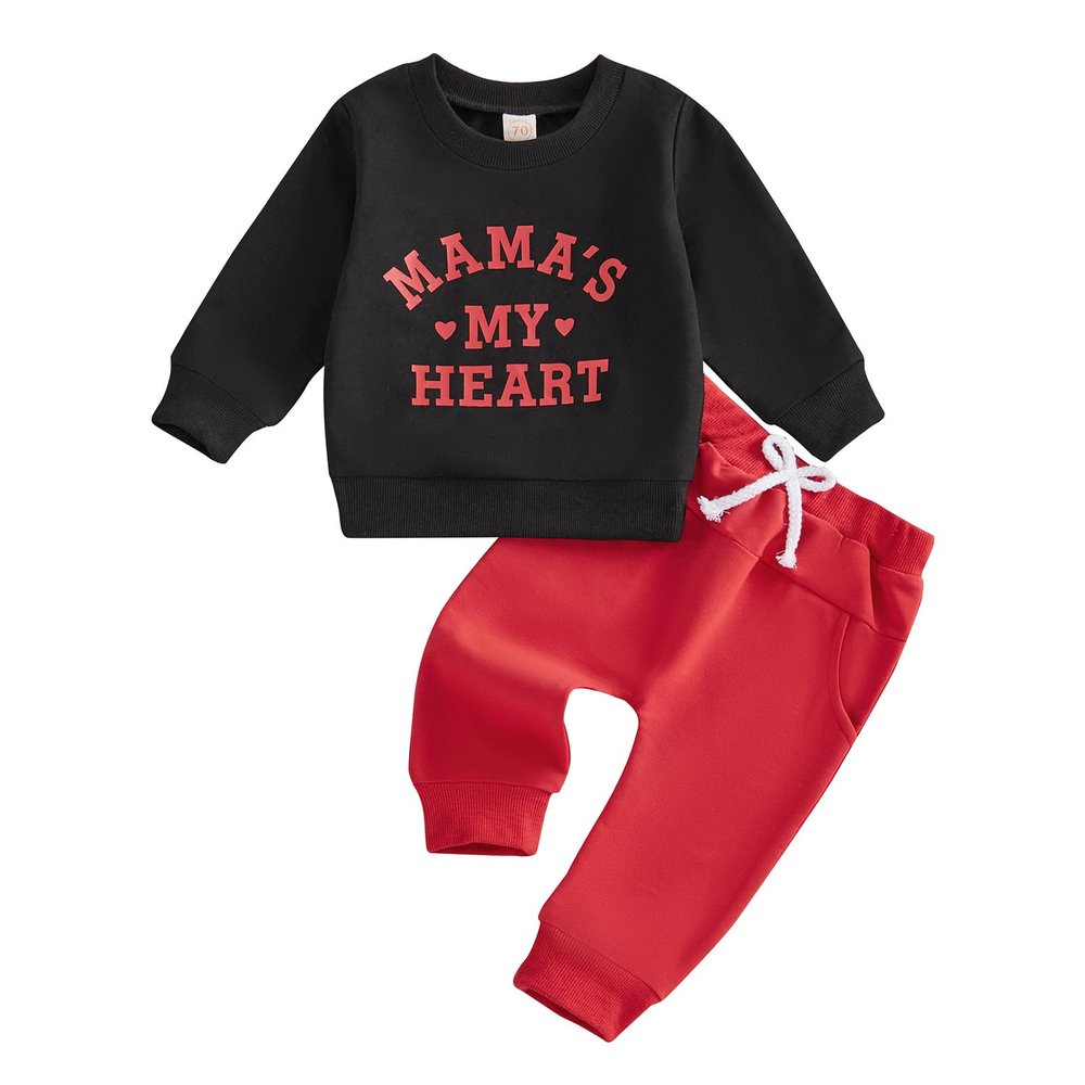 LIOMENGZI Valentine Clothes Toddler Baby Boy Outfit Letter Sweatshirt Pants Valentine's Day Clothes Infant Fall Winter Outfit (Black MAMA'S, 6-12 Months)