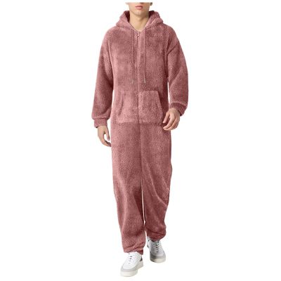 Pajama Adult For Men Relaxed Jumpsuits Pajamas Hooded Homewear Loose Fit Soft Plush Robes Plus Size Zipper Rompers