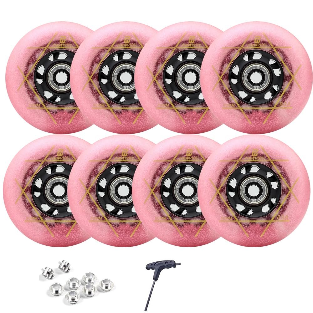 8 Pack Inline Wheels 72mm 76mm 80mm Inline Skate Wheels 83A Inline Skate Replacement Wheels with ABEC-9 Bearings Durable Pu Indoor Outdoor (Pink,80mm)