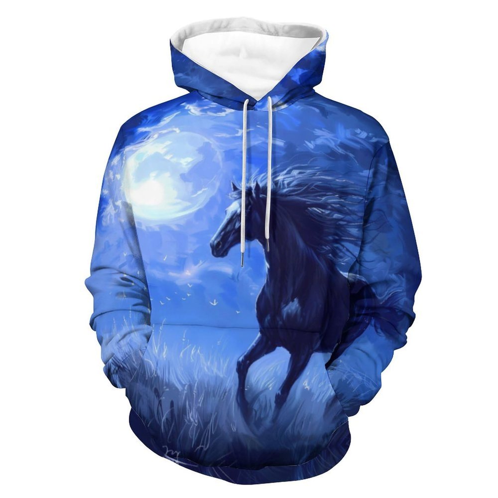 Midnight Running Horse Adult Hoodies Casual Sweatshirt Long Sleeve Pullover Hooded with Pockets for Women Men M