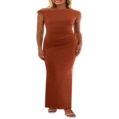 PRETTYGARDEN Women's 2026 Summer Formal Maxi Dresses Sleeveless One Shoulder Bodycon Ruched Mesh Wedding Guest Cocktail Dress (Caramel,XX-Large)