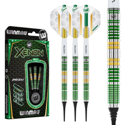 Winmau Darts Xenon 18g Barrel / 20g Full Weight Soft Tip 90% Professional Tungsten Darts Set with Dart Flights and Dart Shafts (Stems)