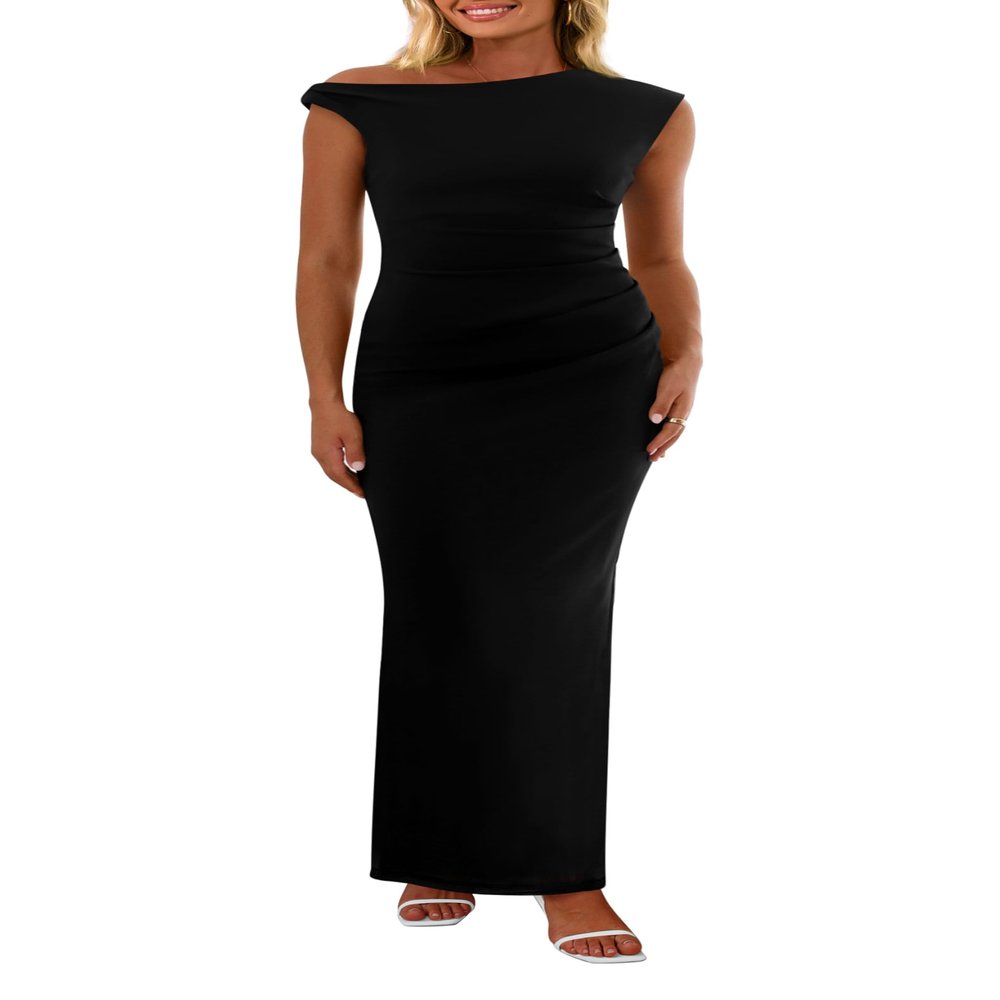 PRETTYGARDEN Women's 2026 Summer Formal Maxi Dresses Sleeveless One Shoulder Bodycon Ruched Mesh Wedding Guest Cocktail Dress (Black,X-Large)