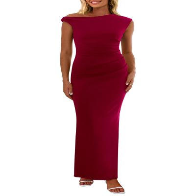 PRETTYGARDEN Women's 2026 Summer Formal Maxi Dresses Sleeveless One Shoulder Bodycon Ruched Mesh Wedding Guest Cocktail Dress (Wine Red,X-Large)