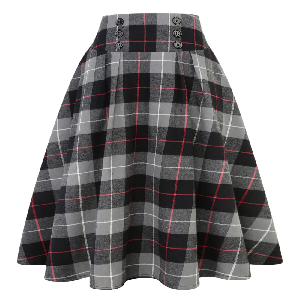 IDEALSANXUN Plaid Skirts for Women Fall Winter High Waisted A Line Pleated Maxi Midi Skirt, Dark Grey, L