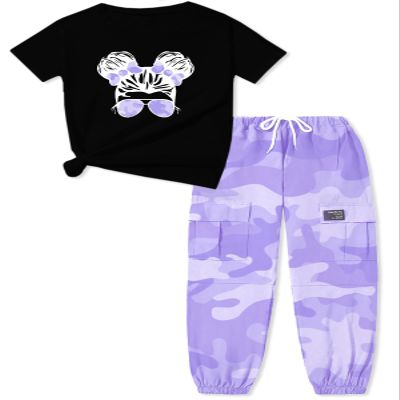 ARTMINE Girls' 2 Piece Outfits Casual Drawstring Denim Cargo Jogger Pants and Heart Print Short Sleeve Top Set, US 6-7 Years = Tag 130