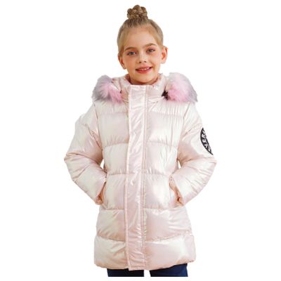 FEESHOW Kids Girls Thermal Jacket Coat Metallic Long Sleeve Hooded Stand Collar Detachable Fur Warmth Overcoat Outwear Pink 7-8 Years