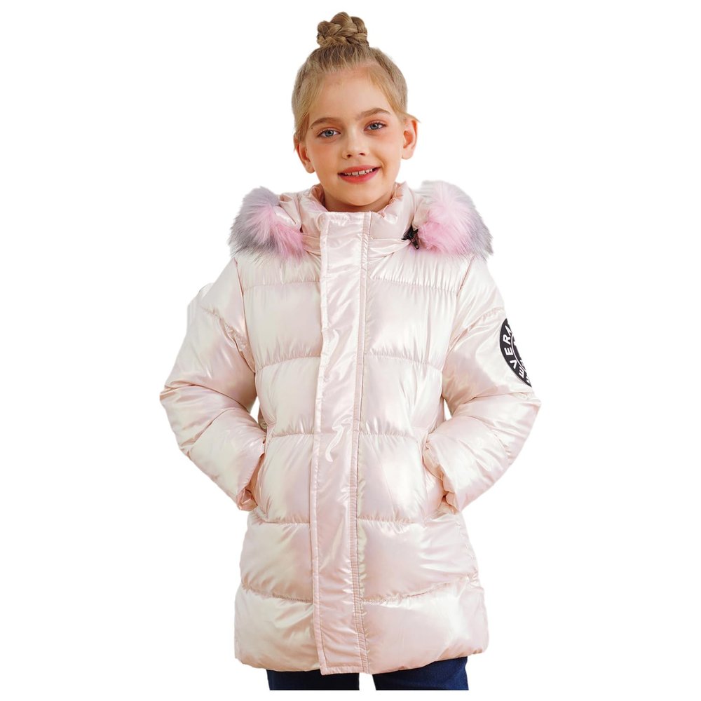 FEESHOW Kids Girls Thermal Jacket Coat Metallic Long Sleeve Hooded Stand Collar Detachable Fur Warmth Overcoat Outwear Pink 7-8 Years