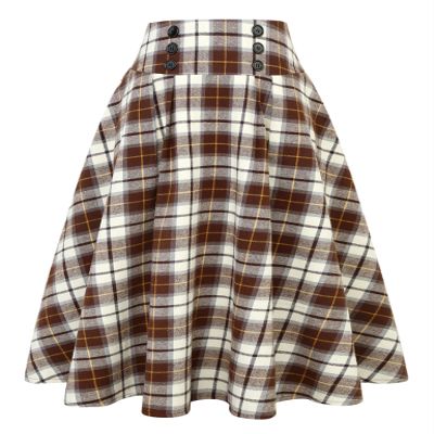 IDEALSANXUN Plaid Skirts for Women Fall Winter High Waisted A Line Pleated Maxi Midi Skirt, Coffee, S
