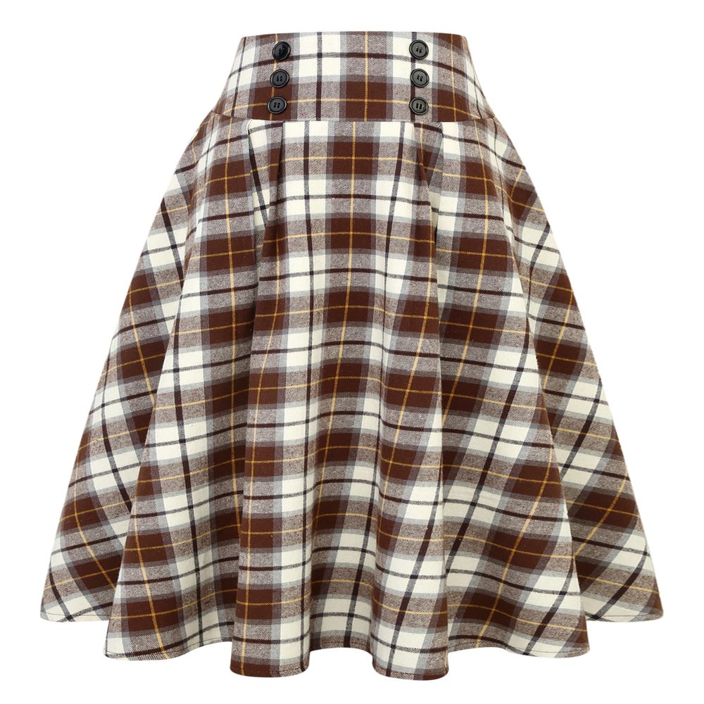 IDEALSANXUN Plaid Skirts for Women Fall Winter High Waisted A Line Pleated Maxi Midi Skirt, Coffee, S