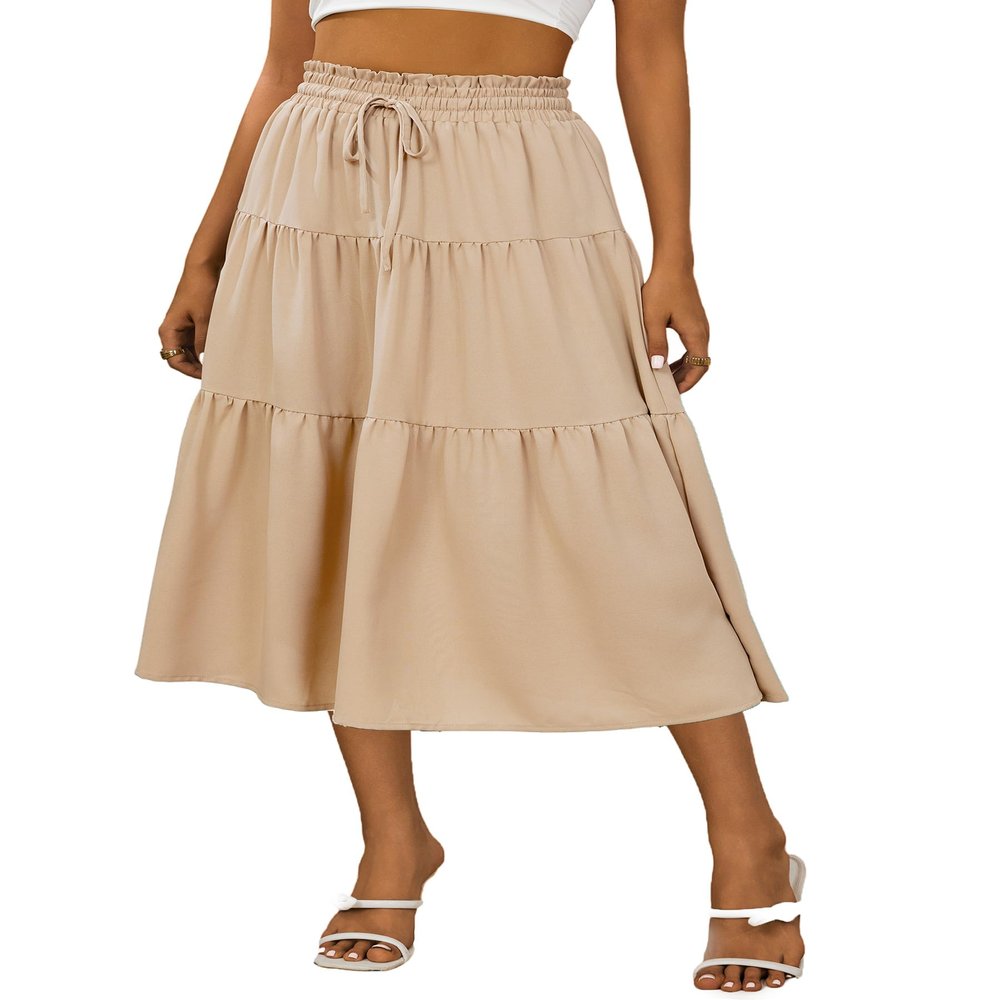 Anbech Women Casual Skirt Elastic High Waist Pleated A-Line Beach Midi Skirt (L, Khaki)