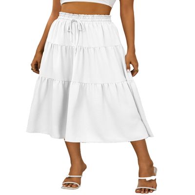 Anbech Womens Midi Skirts Elastic High Waist A-Line Casual Beach Skirt Trendy (S, Pure White)