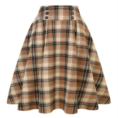 IDEALSANXUN Plaid Skirts for Women Fall Winter High Waisted A Line Pleated Maxi Midi Skirt, Light Brown, XXL