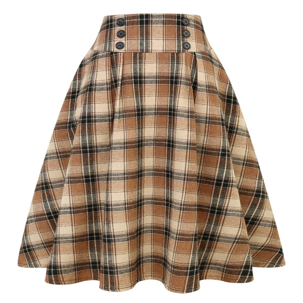 IDEALSANXUN Plaid Skirts for Women Fall Winter High Waisted A Line Pleated Maxi Midi Skirt, Light Brown, XXL