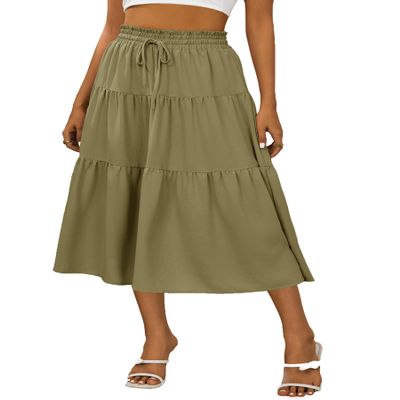 Anbech Midi Skirt for Women Elastic High Waist Pleated Summer Casual Skirts (XL, Army Green)