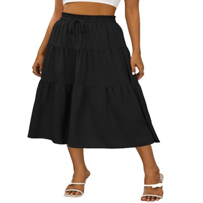 Anbech Midi Skirt for Women Elastic High Waist Pleated Summer Casual Skirts (L, Black)