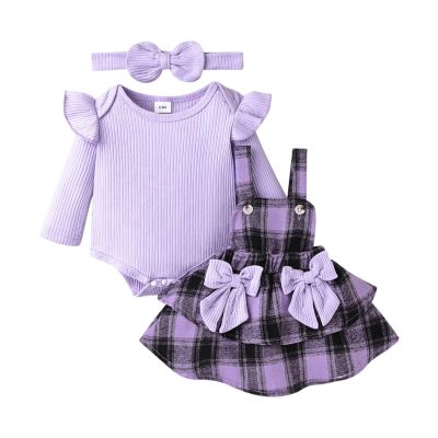 Fall Baby Clothes For Girls 6-9 Months Winter Outfits Long Sleeve Cute Ruffle Romper Baby Girl Plaid Skirt Bow For Girls Headband 3 Pieces Set Purple 6-9 Months