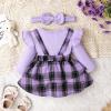 Fall Baby Clothes For Girls 6-9 Months Winter Outfits Long Sleeve Cute Ruffle Romper Baby Girl Plaid Skirt Bow For Girls Headband 3 Pieces Set Purple 6-9 Months view 3