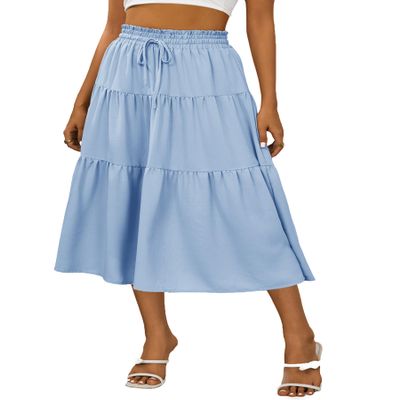 Anbech Women Casual Skirt Elastic High Waist Pleated A-Line Beach Midi Skirt (S, Light Blue)