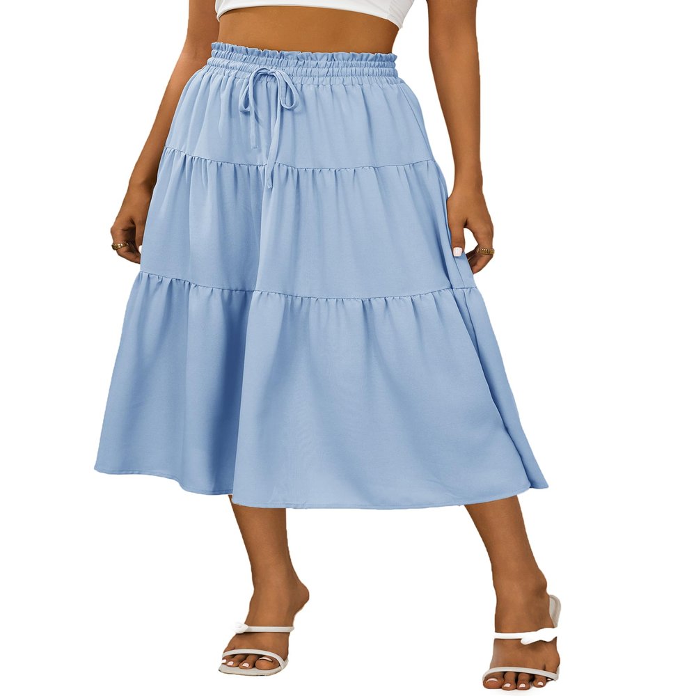 Anbech Women Casual Skirt Elastic High Waist Pleated A-Line Beach Midi Skirt (S, Light Blue)
