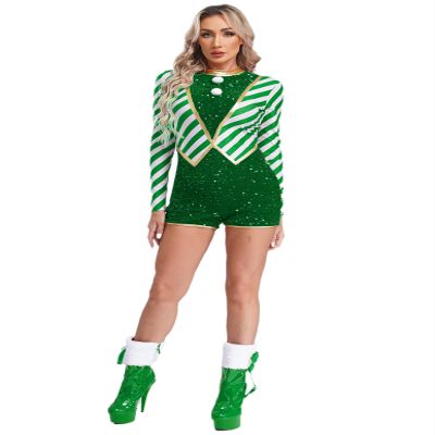 Winnrchan Christmas Candy Cane Costume Women Striped Sequins Jumpsuit Dance Unitard Xmas Party Green 3X-Large