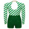 Winnrchan Christmas Candy Cane Costume Women Striped Sequins Jumpsuit Dance Unitard Xmas Party Green 3X-Large view 4