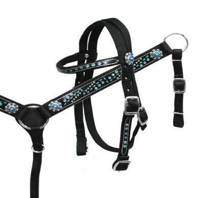 DNL Saddlery Western Barrel Racing Crystal Show Horse Synthetic Nylon Padded Browband Horse Saddle Tack Set with Headstall Breast Collar and Reins Multiple Color for Horses Size: Full & Cob, M9 (Full)