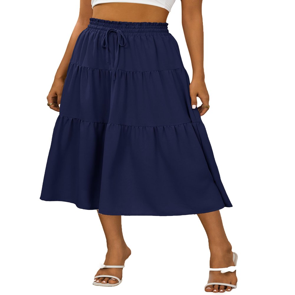 Anbech Midi Skirt for Women Elastic High Waist Pleated Casual A-Line Skirts (S, Navy)