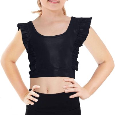 Girls Training Bra Cute Ruffle Sports Bra for Kids Scoop Neckline Fitness Yoga Bra Strap Crop Top Bright Black