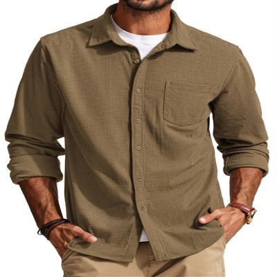 PJ PAUL JONES Shirt for Men Long Sleeve Casual Button up Shirt Turn Down Collar Shirt with Pocket Camel