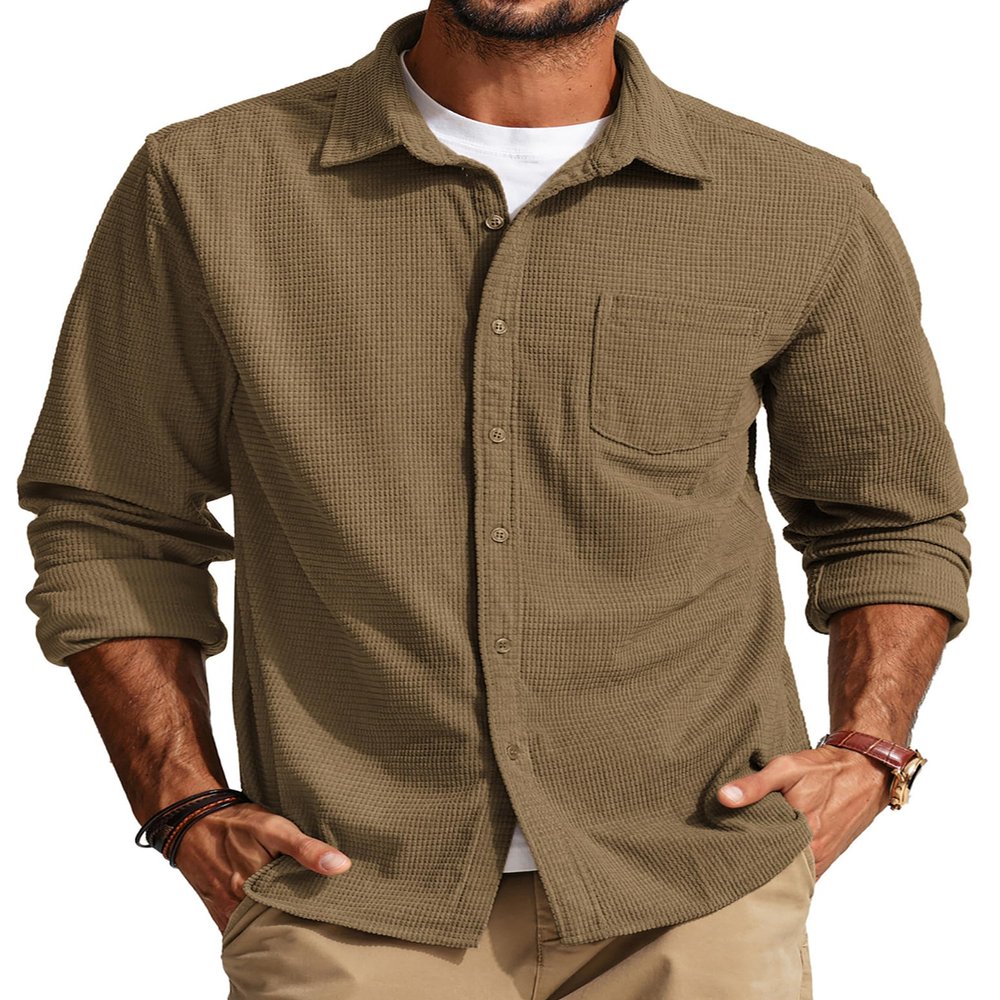 PJ PAUL JONES Shirt for Men Long Sleeve Casual Button up Shirt Turn Down Collar Shirt with Pocket Camel