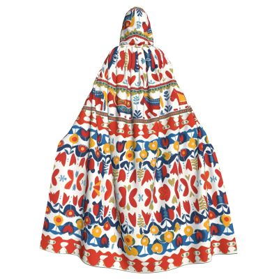 WHJSHOP Halloween Adult Hooded Cape for Parties and Costumes - Easy Care Runner Swedish Dala Horse Folk Pattern