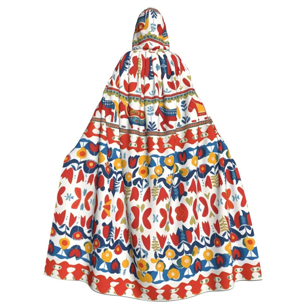 WHJSHOP Halloween Adult Hooded Cape for Parties and Costumes - Easy Care Runner Swedish Dala Horse Folk Pattern