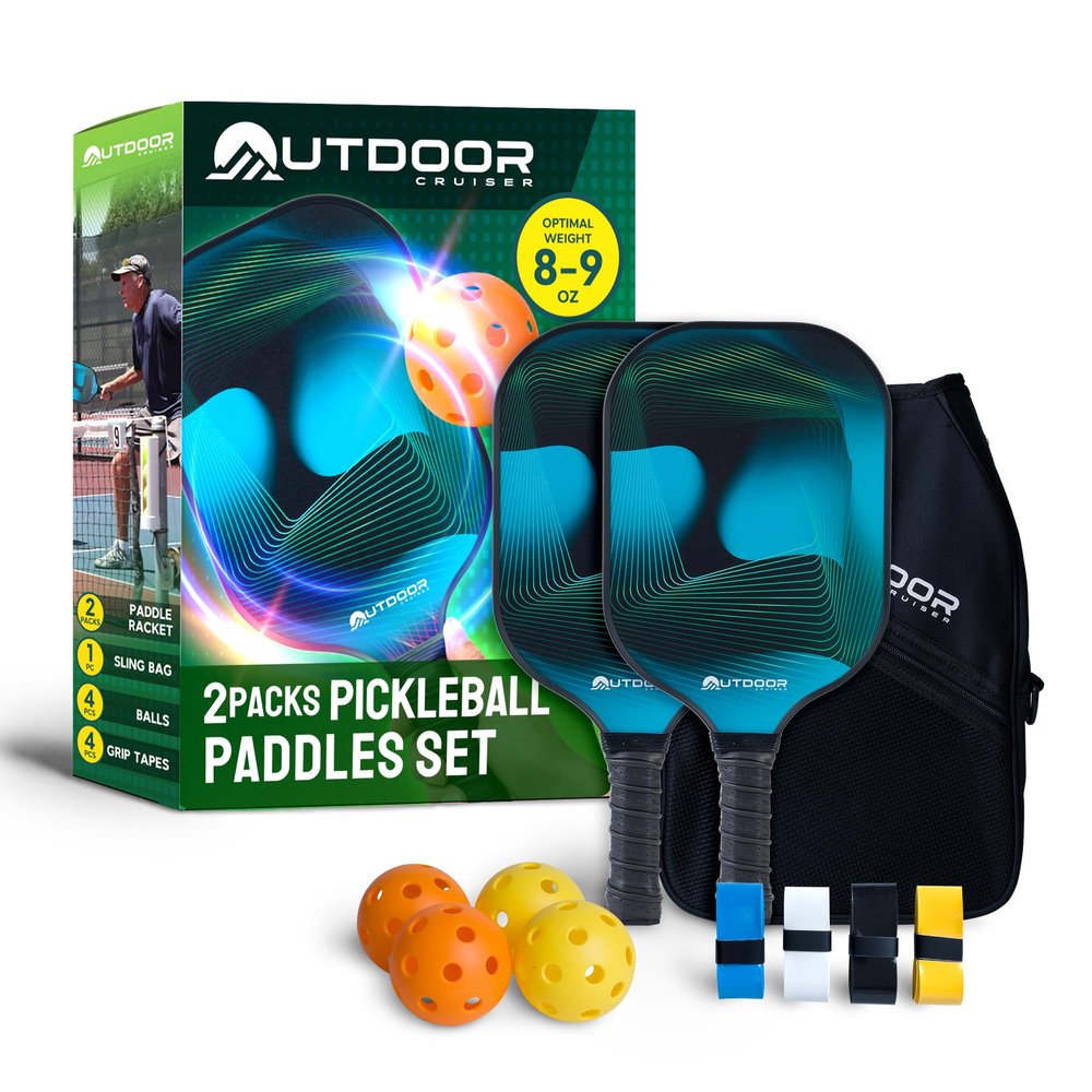 Outdoor Cruiser Pickleball Paddle Set  USAPA Approved, Premium Fiberglass Paddles with Lightweight Shock-Absorbing Grip, Includes 2 Rackets, 4 Balls, Grip Tapes, and Sling Carry Bag