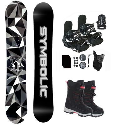 Symbolic Platinum Kids 2025 Snowboard & Bindings & Choice Boots Complete Package Set (Kid 3 Binding+Boot Blk Red Tote, 120cm Rocker Snowboard)