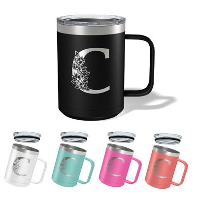 Initial Insulated Coffee Mug W Handle, Monogrammed Gifts for Women, 15 oz Coffee Mug w/Lid, Iced Coffee, Hot Chocolate Tumbler w/Lid Personalized Christmas, Birthday Gifts for Her (Black, C)