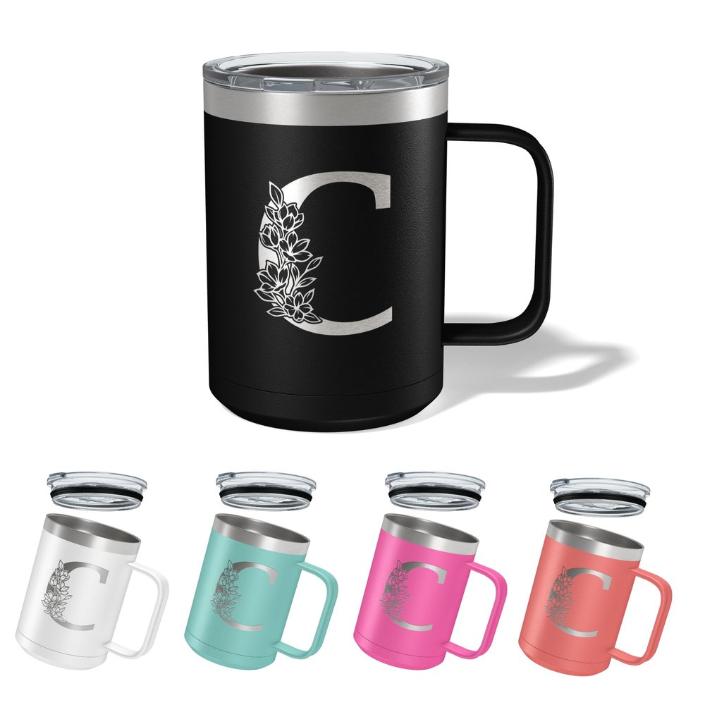 Initial Insulated Coffee Mug W Handle, Monogrammed Gifts for Women, 15 oz Coffee Mug w/Lid, Iced Coffee, Hot Chocolate Tumbler w/Lid Personalized Christmas, Birthday Gifts for Her (Black, C)