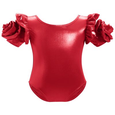 AFAVOM Gymnastic Leotard for Girls Ballet Dance Metallic Leotard 3D Flower Short Sleeve Bodysuit Toddler Sparkly Shiny Jazz Dancewear Jumpsuit Yoga Acrobatic Athletic One Piece Leotard Red 3-4 Years