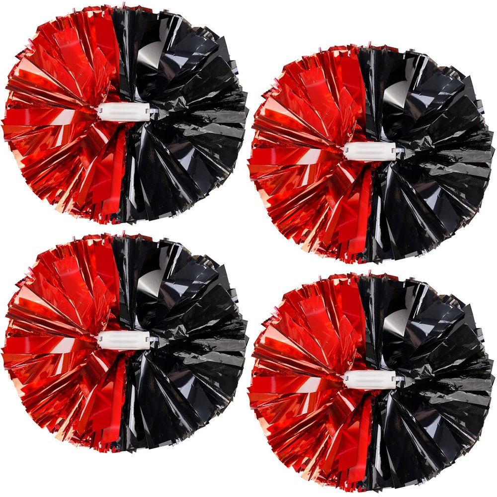 4Pcs Upgraded 12inch Metallic Cheerleading Pom Poms, HOLENGS Cheerleader Pompoms Cheer Poms for Kids Adults, Cheering Squad Pompoms for School Sports Games Dance Party (Black + Red)