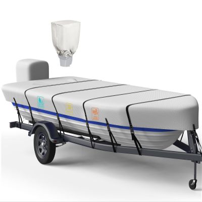 1200D 5-Layer Jon Boat Cover 16-18ft with Motor Cover | Super Waterproof (2-Layer PU, 1" Seam Tape) | UV Resistant, 11+4 Windproof Straps | Mooring/Trailerable
