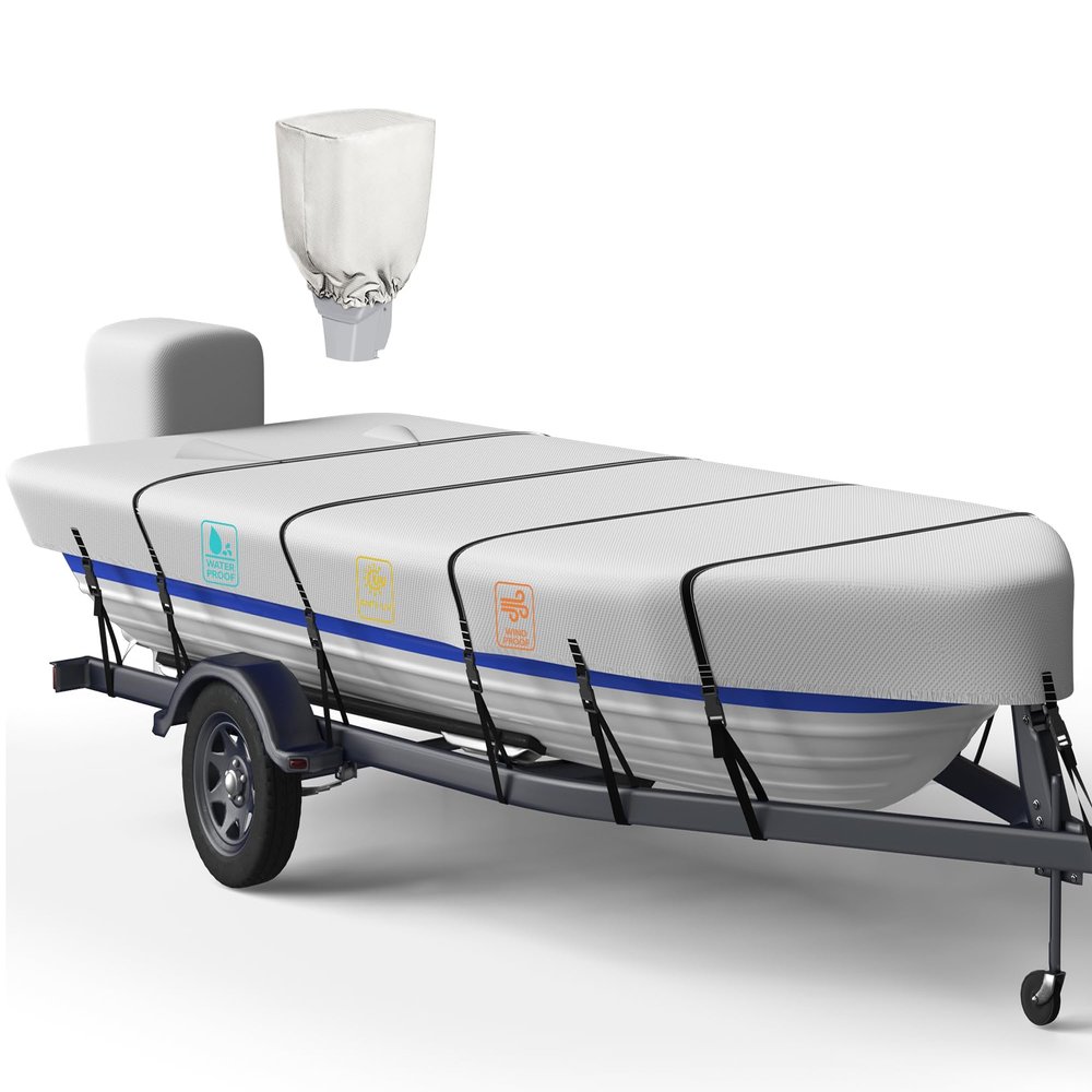 1200D 5-Layer Jon Boat Cover 16-18ft with Motor Cover | Super Waterproof (2-Layer PU, 1" Seam Tape) | UV Resistant, 11+4 Windproof Straps | Mooring/Trailerable