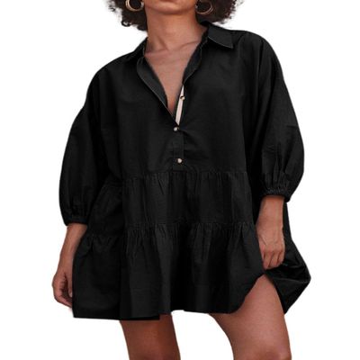 chouyatou Women's Summer Puff Sleeve Tiered Tunic Babydoll Dress Cute Mini Button Down Shirt Dress (X-Small, Black)
