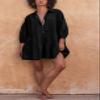 chouyatou Women's Summer Puff Sleeve Tiered Tunic Babydoll Dress Cute Mini Button Down Shirt Dress (X-Small, Black) view 3