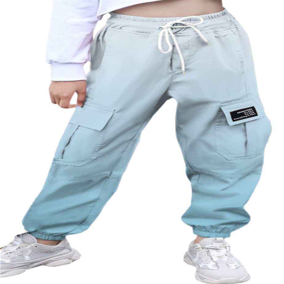 SANGTREE Girl's Cargo Pants Elastic Waist Drawstring Multi Pockets Loose Tapered Cargo Jogger Pants,Ombre Blue,6-7 Years Little Kid = Tag 130