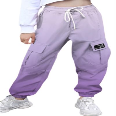 SANGTREE Girl's Cargo Pants Elastic Waist Drawstring Multi Pockets Loose Tapered Cargo Jogger Pants,Ombre Purple,6-7 Years Little Kid = Tag 130